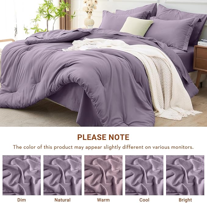 MUXHOMO 7 Pieces King Comforter Set, Soft Bed in a Bag King Size, All Season Bedding Set with Comforter, Flat Sheet, Fitted Sheet, Pillowcases & Shams, Greyish Purple