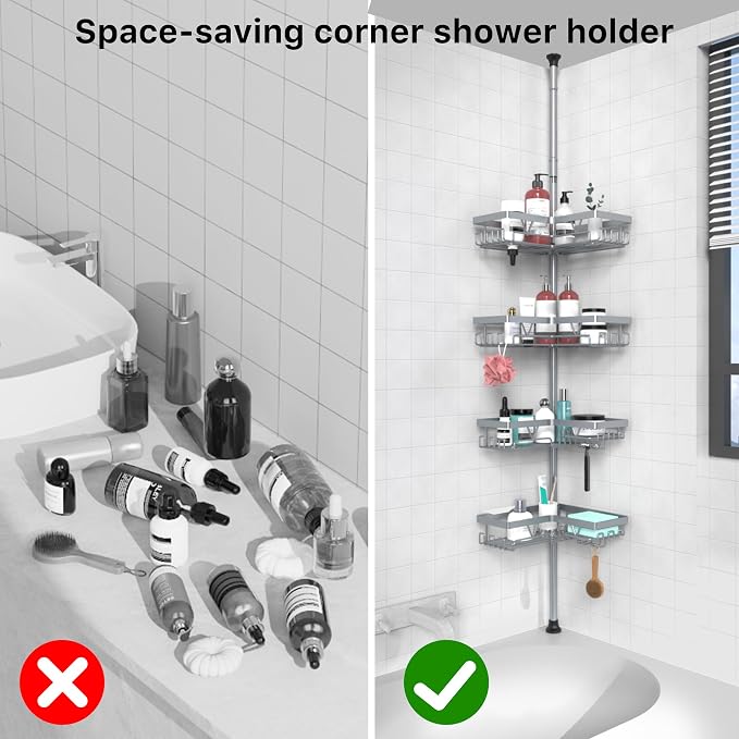 KEGII 4-Tier Corner Shower Caddy Tension Pole - Adjustable Shower Tension Rod Organizer, Floor to Ceiling Shower Caddy 25-114.2 inch, Shower Towel Rack Corner Waterproof, Light Gray - Image 7