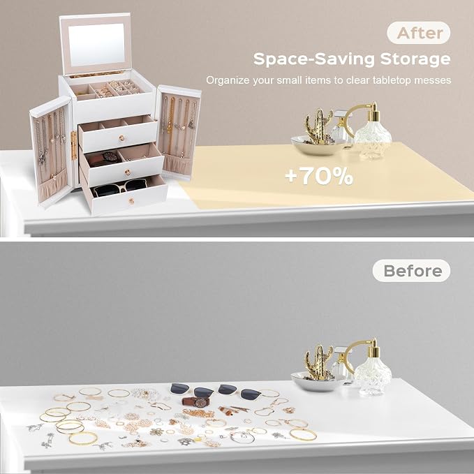 Dajasan Large Jewelry Box Organizer, Jewelry Storage Organizer with 3 Drawers, Huge Jewelry Box with Mirror for Women Girls, Double Door, Textured PU Leather, Gift Idea, Stylish (White + Gold) - Image 7
