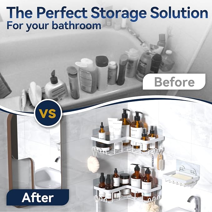 YASONIC Corner Adhesive Shower Caddy, with Soap Holder and 12 Hooks, Rustproof Stainless Steel Bathroom Organizer, No Drilling Wall Mounted Rack, White, 3-Pack - Image 9