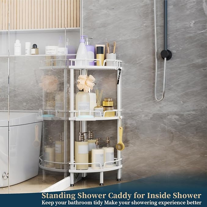 Consumest Corner Shower Caddy Standing - 3 Tier Shower Organizer with Soap Holder, Tall Floor Storage Rack with Adjustable Feet & 4 Hooks, Bathroom Corner Shelf, White - Image 6