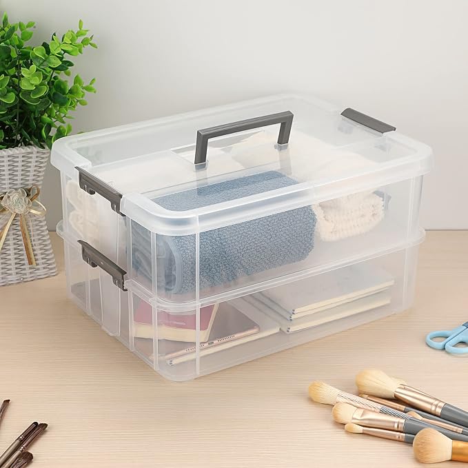 JUXYES 2-Tiers Stack Carry Storage Box With Handle, Transparent Stackable Storage Bin With Handle Lid Latching Storage Container for School & Office Supplies - Image 9