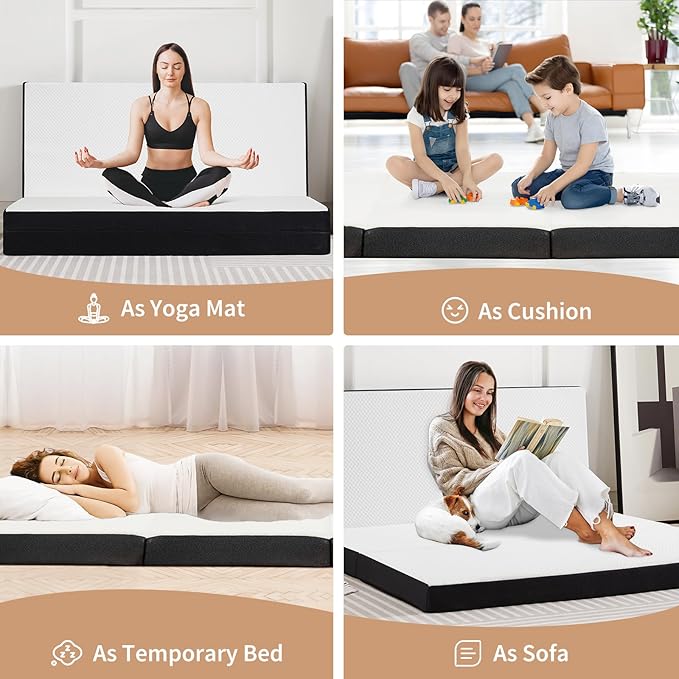 Sweetcrispy Tri-fold Memory Foam Mattress - 4 Inch Full Size Portable Bed Pad, Foldable Floor Mat, Collapsible and Washable Cover with CertiPUR-US Certified, for Travel & Camping & Yoga