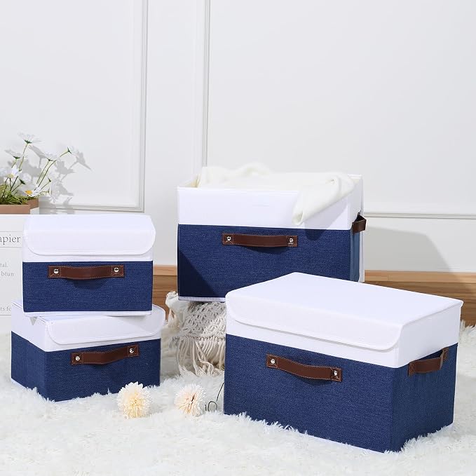 ANMINY Storage Boxes with Lids Washable Decorative Storage Bins Basket with PU Leather Handle Foldable Linen Fabric Storage Cubes Containers for Home Closet Organizer - Deep Blue White, Small Size - Image 7