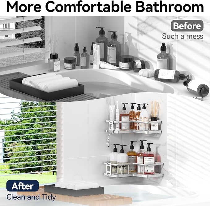 YASONIC Shower Caddy Corner, 2-Pack Adhesive Rustproof Stainless Steel Shower Shelves with Soap Holder, No Drilling Shower Organizer Corner for Dorm, Renters Bathroom Silver - Image 8
