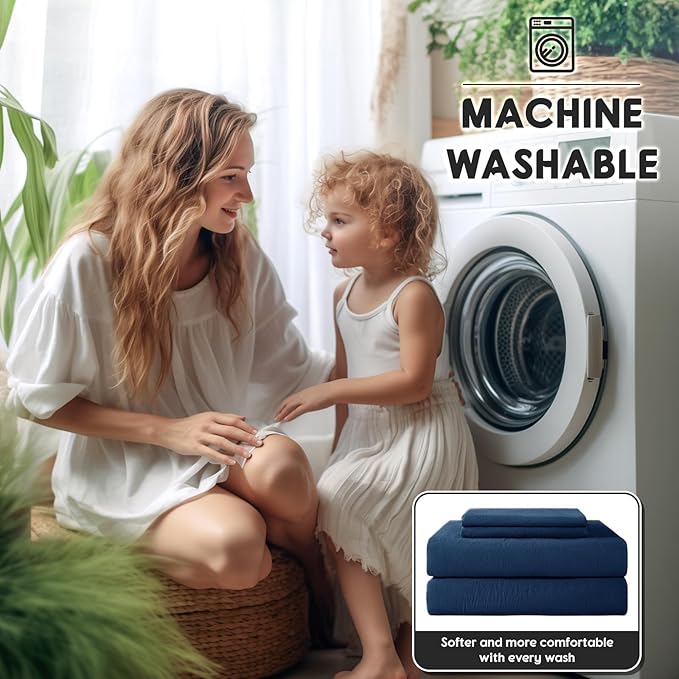 SONORO KATE 100% French Pure Linen Sheets, Breathable and Durable Linen King Size Sheets, Anti-Tear Linen Bed Sheets, Machine Washable, 16 Inch Deep Pocket - 4 Piece (Navy Blue, King)