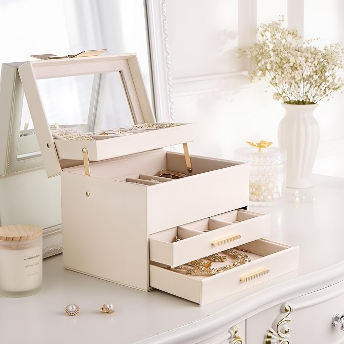 Lolalet Jewelry Box, Clear Window Jewelry Organizer with Drawer for Earrings Bracelets Necklaces Rings, Jewelry Storage for Women -White, 4 Layers - Image 7