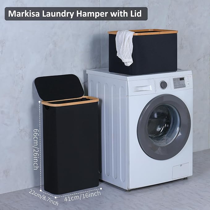 60L Slim Laundry Hamper,Laundry Basket with Lid,Tall Hamper for Laundry,Dirty Cloth Hamper with Bamboo Handle for Toys,Towels, Clothes Organizing,Black - Image 7
