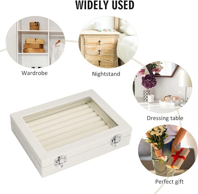 Vicoter Rings Organizer Tray 7 Slots Velvet Jewelry Earring Storage Box with Transparent lid Jewelry Display Case for Girls Wife Mom Women (Beige) - Image 6
