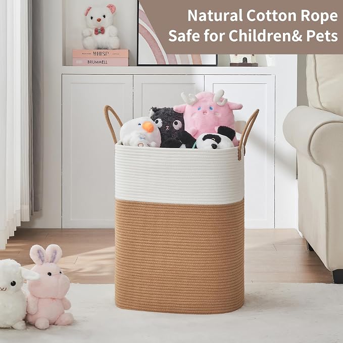 AINUOQI Laundry Basket with Handles - Blanket Basket & Hampers for Bedroom Aesthetic, Laundry Hamper & Blanket Storage for Living Room, Clothes Hamper, Tall, Large 17" x 14" x 22”, White & Jute - Image 7