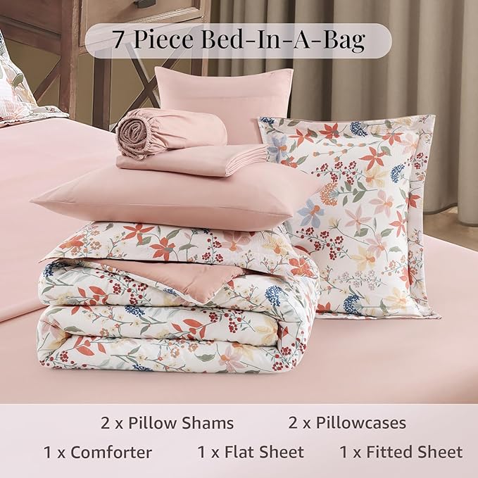 CASAAGUSTO Full Comforter Set, 7 PCS Clay Pink Floral Comforter Set with Flowers Leaves Pattern, Soft Seersucker Design All Season Full Size Bedding Set(80"X90")