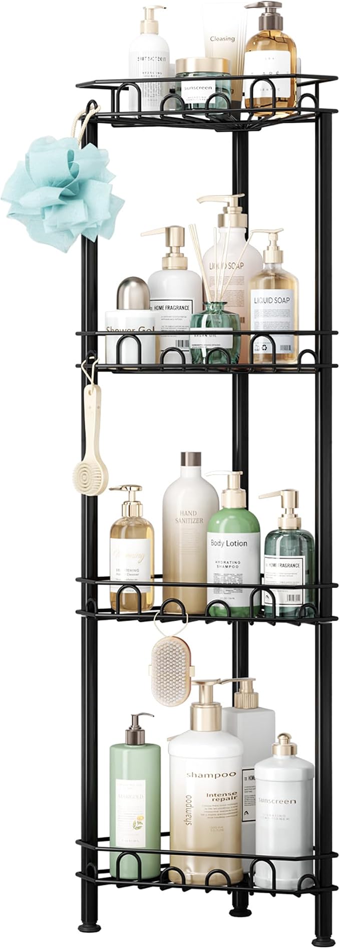SWTYMIKI Standing Shower Caddy Corner - 4‑Tier Stainless Steel Shower Organizer Shelf with 16 Hooks and Adhesive Pads, Rustproof Corner Shelves Stand Rack for Bathroom Shower Room, Black - Image 8
