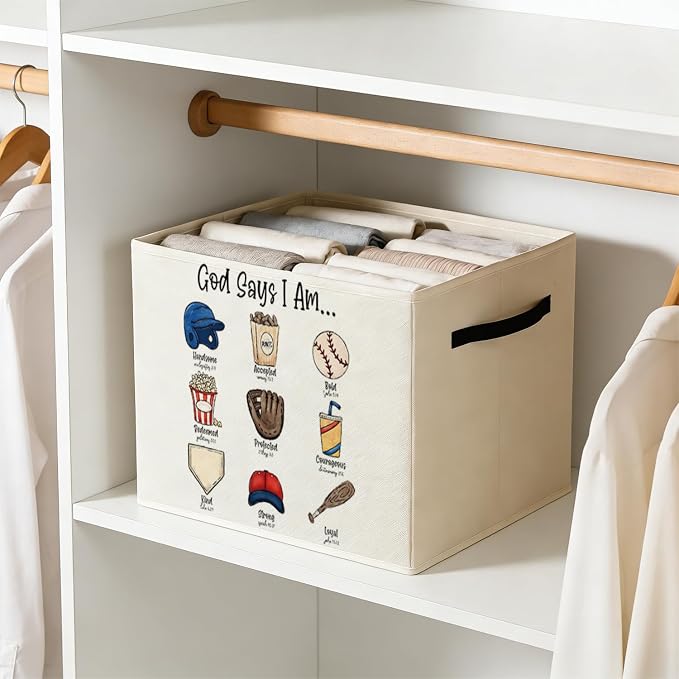 Christian Baseball Storage Bin Box with Handles, God Says I Am Bible Verse Baseball Foldable Baskets Organizer for Kids Room Nursery Bathroom Clothes Toys Books, Toybox for Boys - Image 6