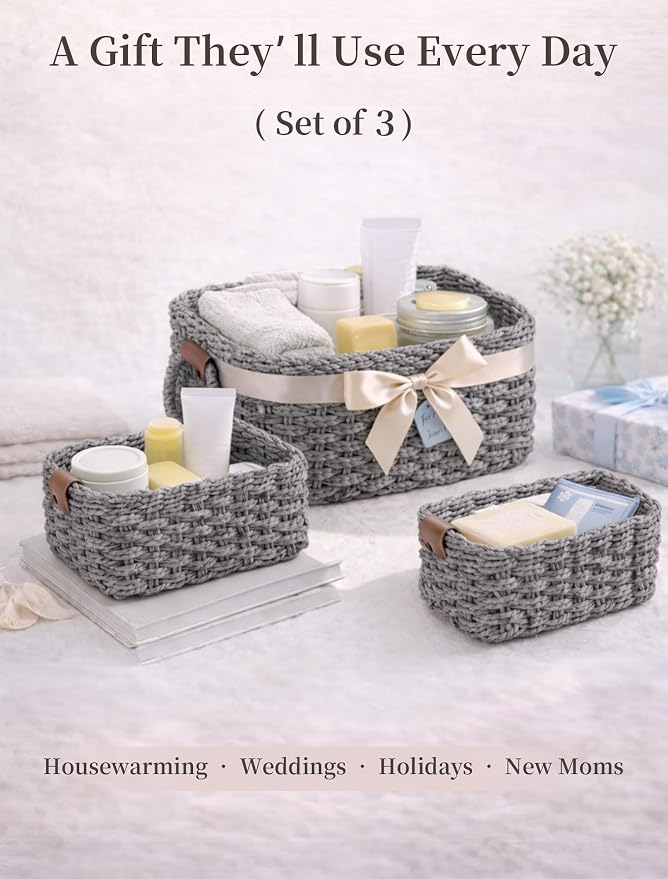 Storage Basket, Recycled Paper Rope Bathroom Basket Organizer, 3Pcs Small Baskets for Organizing, Mini wicker Basket for Decorative Storage Bins, Shelves, Bathroom, Cabinet - Grey - Image 7