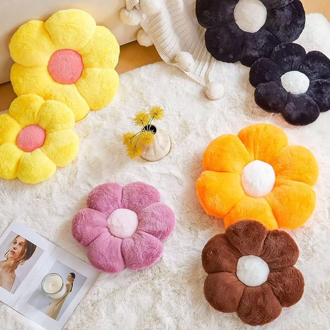 Kcvvcr Brown Flower Pillow Cute Decorative Flower Throw Pillow with Faux Rabbit Fur 19.6" Soft Daisy Plush Floor Cushion Aesthetic Room Decor for Bed Sofa Couch