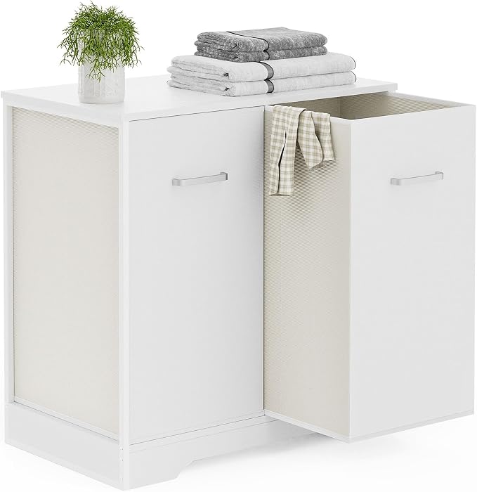 Double Pull-Out Laundry Hamper Cabinet; 90L Laundry Basket for Bathroom,Laundry Room; Laundry Sorter with 2 Pull-Out and Removable Bags - Image 8