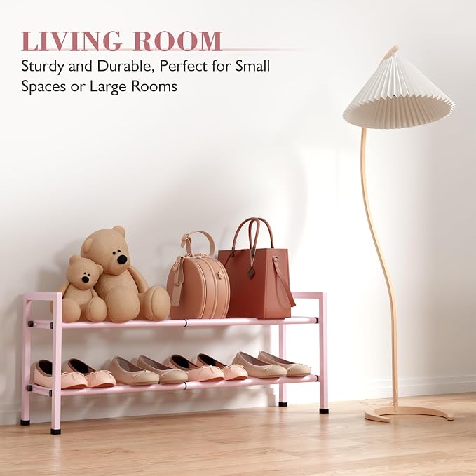 Bumusty 2-Tier Expandable Shoe Rack for Closet, 18“-33” Adjustable Shoe Rack for Small Space, Small Shoe Organizer for Front Door, Sturdy Metal, Pink - Image 6
