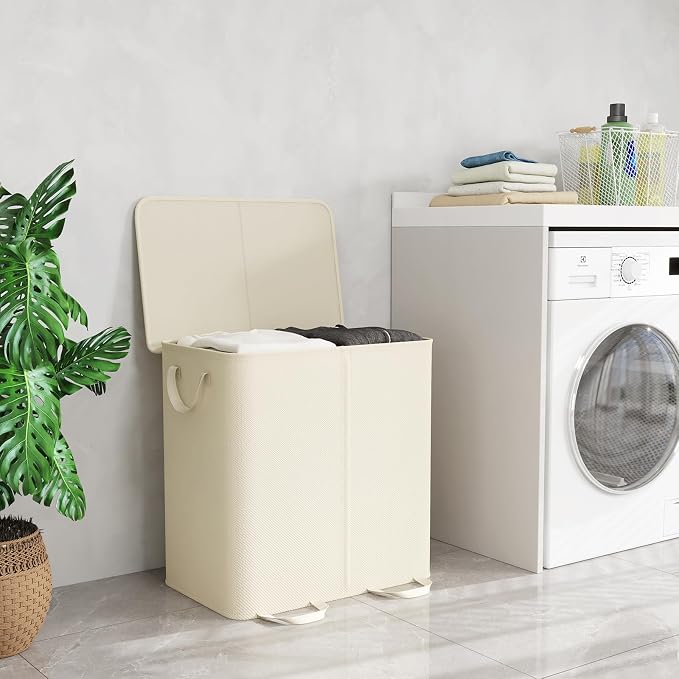 Lifewit Double Laundry Hamper with Lid and Removable Laundry Bags, Large Collapsible 2 Dividers Dirty Clothes Basket with Handles for Bedroom Laundry Room Closet Bathroom College, 136L Ivory White - Image 6