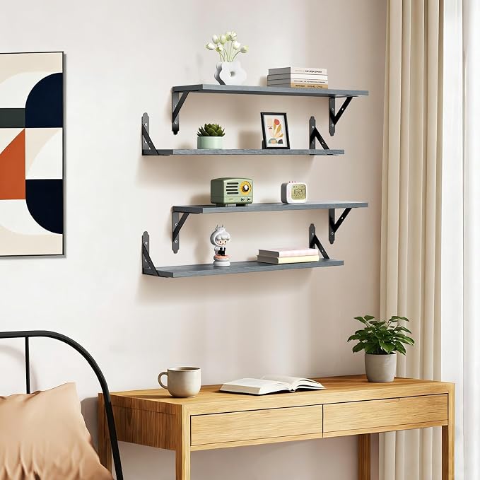 ROMGUAR CRAFT Wood Floating Shelves Set of 4, Rustic Storage Decor Wall Shelves, Wall Mounted Shelf for Living Room, Bedroom 23.6" x 6", Grey - Image 7