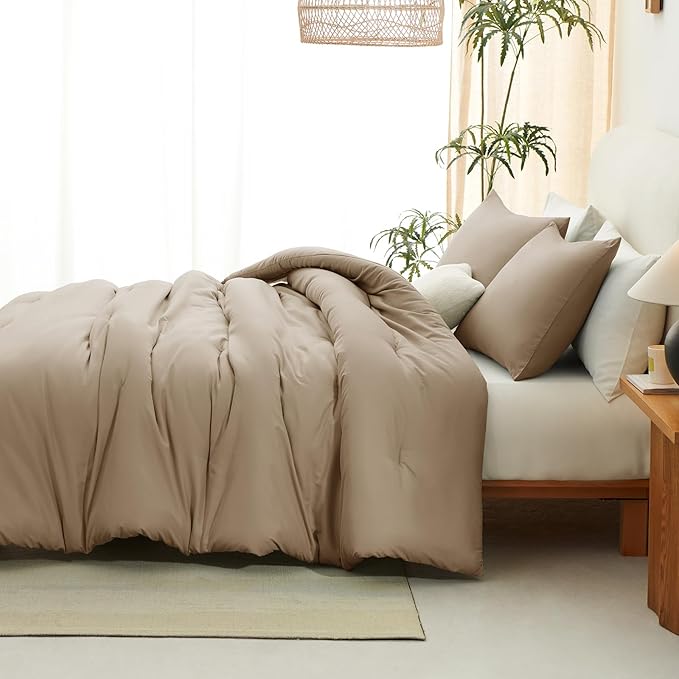 CozyLux King Size Comforter Set Taupe, 3 Pieces Solid Comforters King Size Breathable Quilted Bedding Sets, Luxury Soft Lightweight Bed Set with Down Alternative Comforter and 2 Pillowcases All Season