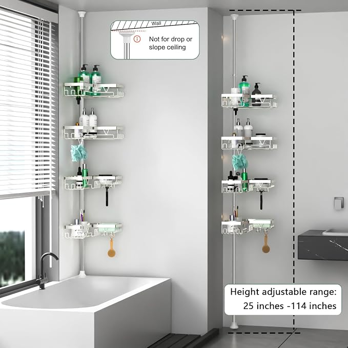 DAOYA Corner Shower Caddy Tension Pole - Chrome Tension Rod Shower Caddy Adjustable Shampoo Holder for Bathroom/Bathtub/RV, Stainless Steel, Floor to Ceiling 25-114.2 inch - Image 6