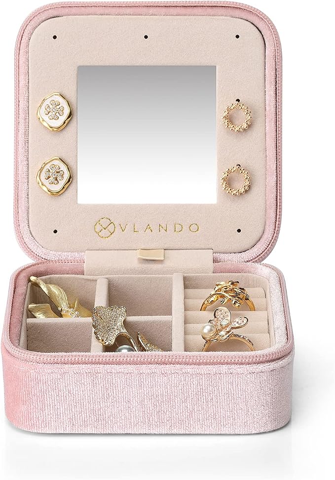 Vlando Small Travel Jewelry Box Organizer Display Case for Rings Earrings Necklaces Storage, Selected Soft Velvet, Letter A Engraved, Pink - Image 11