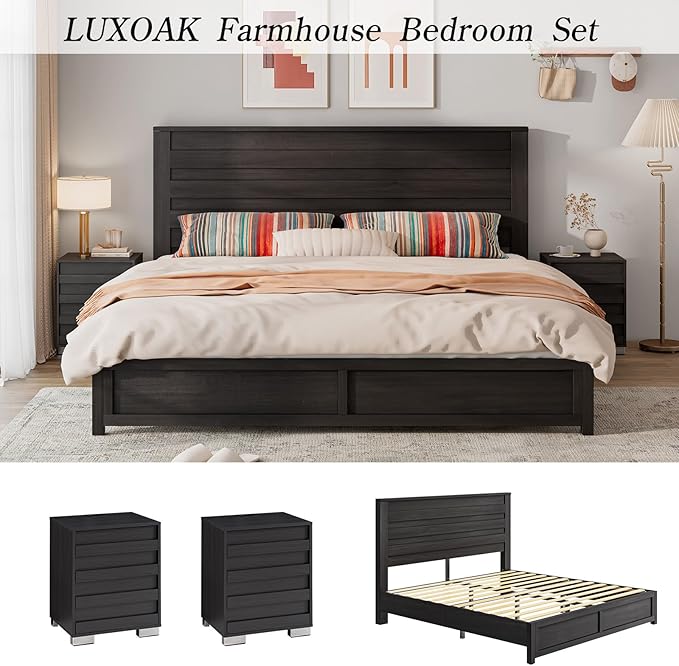 LUXOAK 3 Pcs Bedroom Furniture Sets - Includes Farmhouse King Size Bed Frame with 49" Tall Headboard and Nightstand Sets of 2 with Charging Station, Slated Handles & Stainless Steel Feet, Black