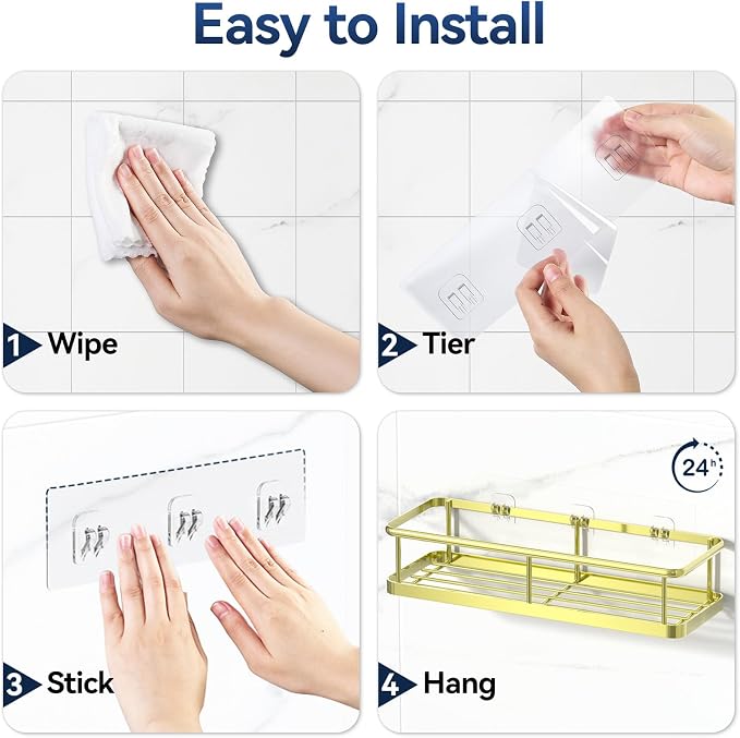 YASONIC Shower Caddy Adhesive, No Drill Bathroom Shower Organizers, with Removable Hooks and Soap Holder, Rust Proof Shower Shelves, Wall-Mounted Shower Holder, 3 Pack, Gold - Image 8
