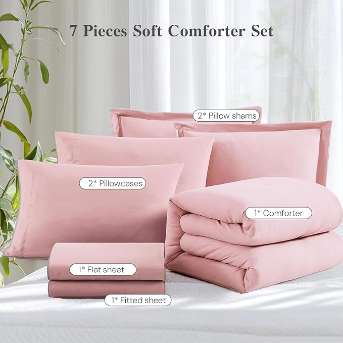 WRENSONGE Queen Comforter Set - 7 Pieces Soft Pink Soft Bed in a Bag Queen with Sheets, 2 Pillow Shams, and 2 Pillowcases- Warm Bedding Sets for All Season