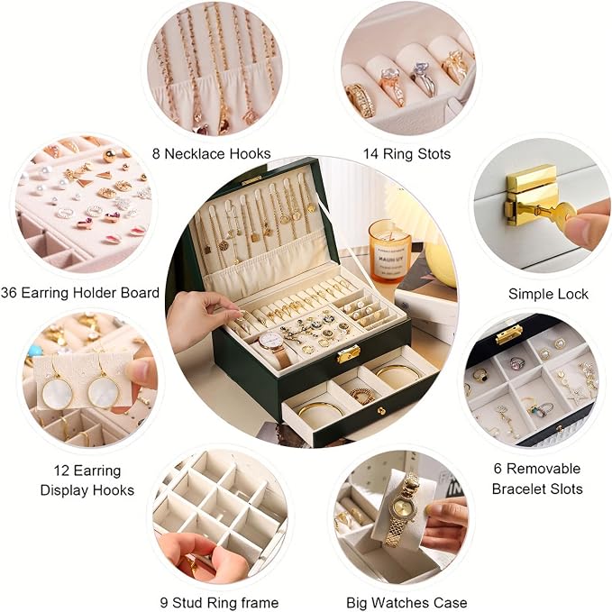 GUOER Jewelry Box for Women Girl Wife - Large PU Leather Jewelry Organizer Storage Case with Two Layers Display for Earrings Bracelets Rings Watches (Champagne) - Image 6