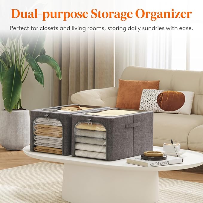 Lifewit Clothes Storage Bins with Metal Frame 3 Pack, Fabric Stackable Storage Bags with Lids, Zipper, Foldable Clost Organizers Containers for Clothing, Blanket, Winter Cloth, 40L