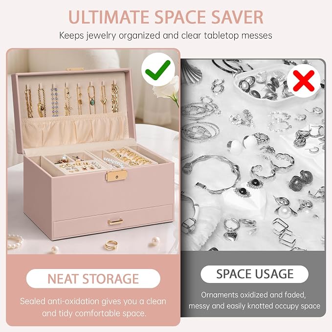 AKOZLIN Travel Jewelry Box Organizer Functional 2-trays Leather Jewelry Storage Case with Lockable Portable Drawer for Women Girls Ring Necklace Earring Bracelet - Image 8