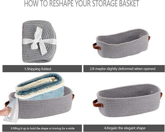 2 Pack Cotton Rope Small Woven Basket,Toilet Paper Basket,Room Storage Basket with Handles for Bathroom, 13"x5.9"x4" Gary - Image 7