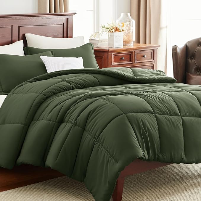 CozyLux Queen Size Comforter Set - Olive Green Comforter Queen Size, 3 Pieces Box Stitched Bed Set for All Seasons, Soft Lightweight Bedding Sets with 1 Down Alternative Comforter and 2 Pillow Shams