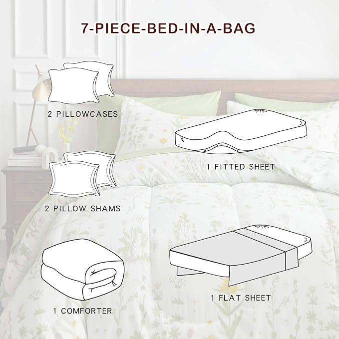 Joyreap 7 Piece Bed in a Bag King, Green Leaves Yellow Flower Botanical Design, Smooth Soft Microfiber Comforter Set (1 Comforter, 2 Pillow Shams, 1 Flat Sheet, 1 Fitted Sheet, 2 Pillowcases)