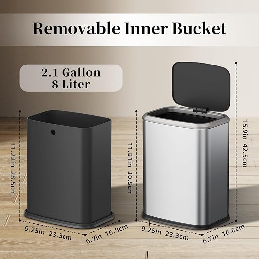 2.1 Gallon Bathroom Trash Can with Lid Press Top, 8 Liter Stainless Steel Garbage Can with Press Type Lid, Slim Trash Bin Waste Basket for Toilet, Office, Bedroom, Living Room (Silver) - Image 7
