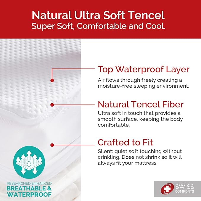 Swiss Comforts 100% Waterproof Mattress Protector Full Size - Tencel Mattress Cover | Naturally Cooling, Breathable & Noiseless | Soft Fitted Bed Sheet (Tencel, Full 54"x75")