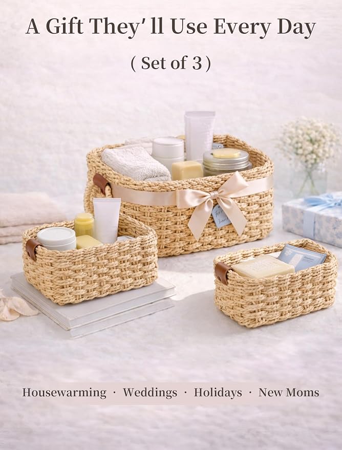 Storage Basket, Recycled Paper Rope Bathroom Basket Organizer, 3Pcs Small Baskets for Organizing, Mini wicker Basket for Decorative Storage Bins, Shelves, Bathroom, Cabinet - Beige - Image 7