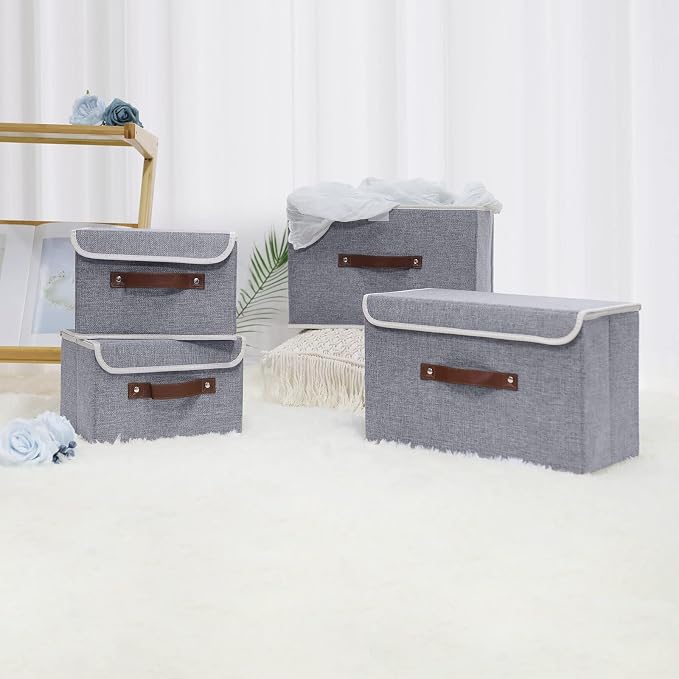 ANMINY Storage Bin with Lid Storage Boxes with PU Leather Handles PP Plastic Board Decorative Foldable Lidded Cotton Linen Fabric Home Cubes Baskets Closet Organizer Container - Gray, Large Size - Image 7