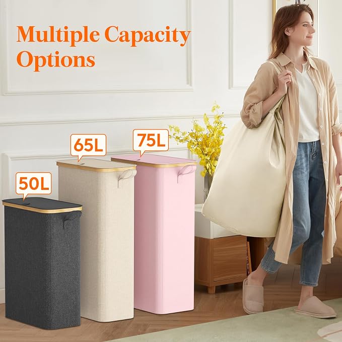 Lifewit 75L Slim Laundry Hamper with Lid, Narrow Laundry Basket with Removable Bag & Bamboo Handles, Fodable Thin Dirty Clothes Hamper for Laundry Collapsible Bin for Bathroom Bedroom Dorm, Pink - Image 8