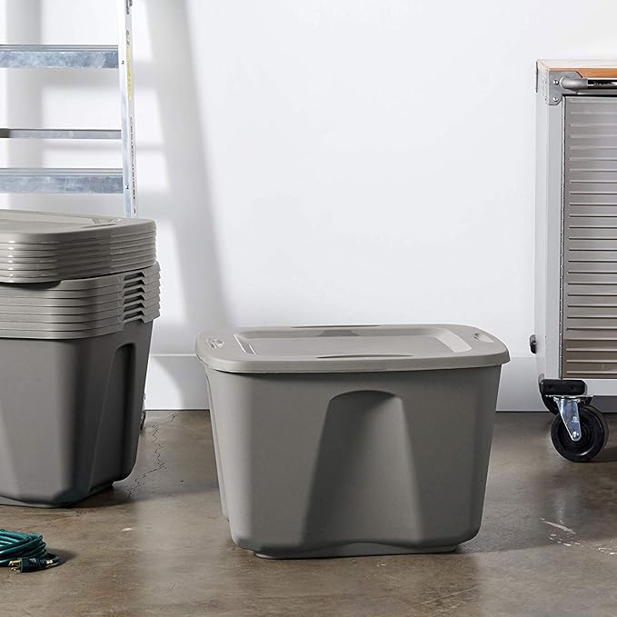 HOMZ 8-Pack Durable Molded Bin, Plastic Storage Containers w/Lids, 18 Gallon, Gray - Stackable Organizer Totes and Boxes for Bedroom, Kitchen, and Garage Organization