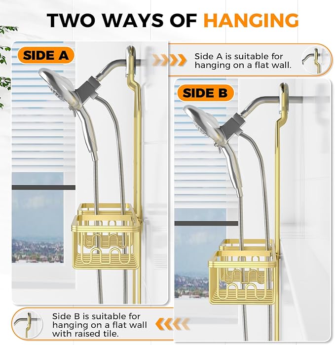 REINHARDT Aluminum Shower Caddy Hanging Adjustable Shower Caddy, Rustproof Hanging Shower Organizer with Hooks Soap Holders, Over Shower Head Caddy for Handheld Showerhead, Gold - Image 9