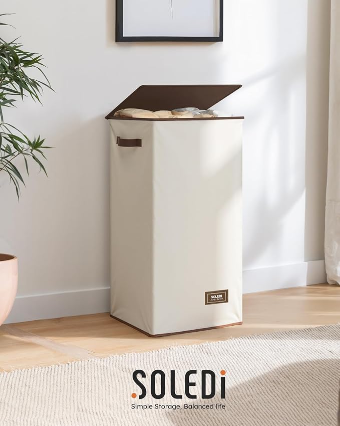 SOLEDI Slim Laundry Hamper with Lid, Narrow Laundry Basket with Removable Bags, Dirty Clothes Hamper with handle, Small Hamper perfect for Laundry room, Bathroom, Bedroom, Small spaces. 70L Beige - Image 9