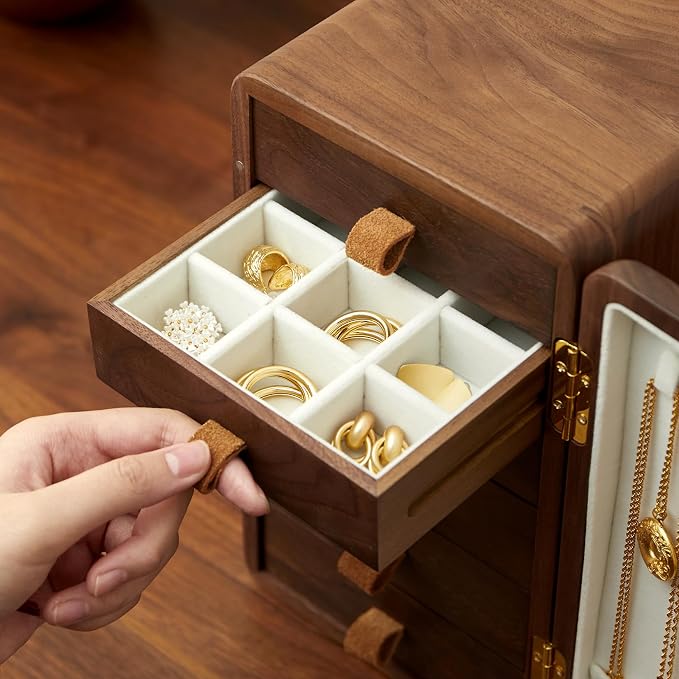 Black Walnut Solid Wood Cabinet Jewelry Box for Women, Large Velvet Lined Organizer with 6 Drawers, Cherry Wood Cat Inlays, Rosewood Handles, Gift for Her - Image 9