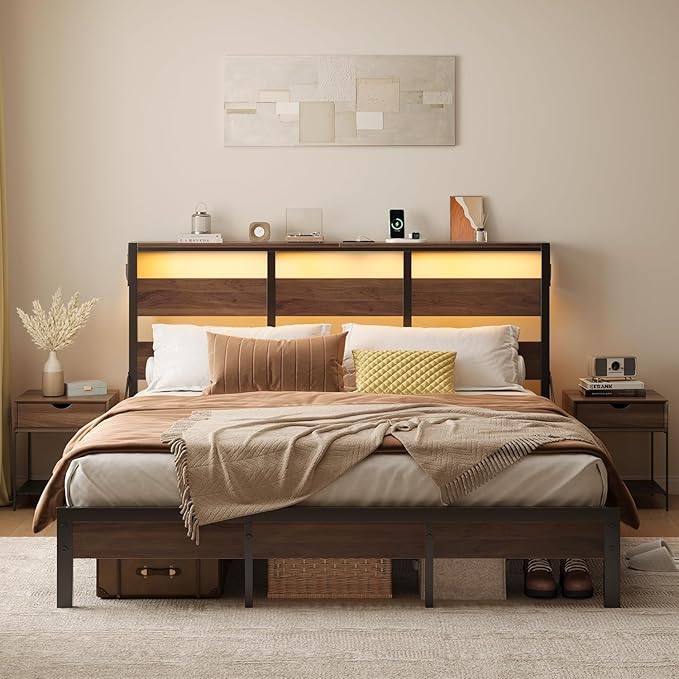 Bestier Queen Size Bed Frame with Headboard and Charging Station,Platform Metal Bed Frame with LED Light,Non-Slip Bed Frame, Noise-Free, Easy Assembly,Walnut