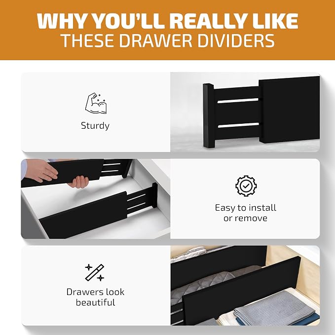 6-Pack Drawer Dividers 6 Inch High, 11”-17" Adjustable Bamboo Organizers Large Expandable Drawer Separators for Cloths, Dresser, Bedroom, Bathroom, Baby Drawer, Office & Kitchen Utensils (Black) - Image 9