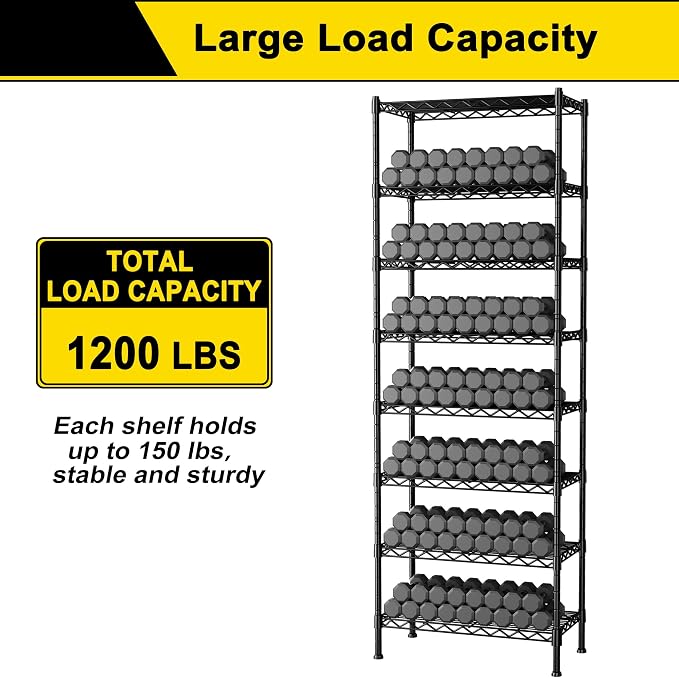 GIOTORENT 8-Wire Garage Shelving Storage Shelves, Kitchen Storage Adjustable Shelf, Metal Shelves 1600Lbs Capacity 24" Lx14 Wx72.2 H for Laundry Bathroom Pantry Closet, Black - Image 7