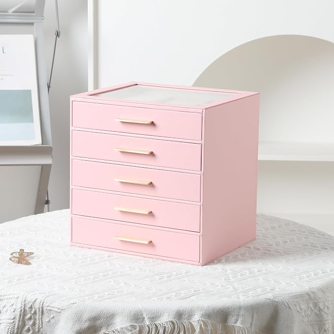 Frebeauty Clear Lid Jewelry Box,5-Layer Jewelry Organizer with Drawer,PU Leather Jewelry Organizers and Storage,Jewelry Boxes for Women,Jewelry Storage for Rings Earring Stud,Gift for Women(Pink) - Image 6