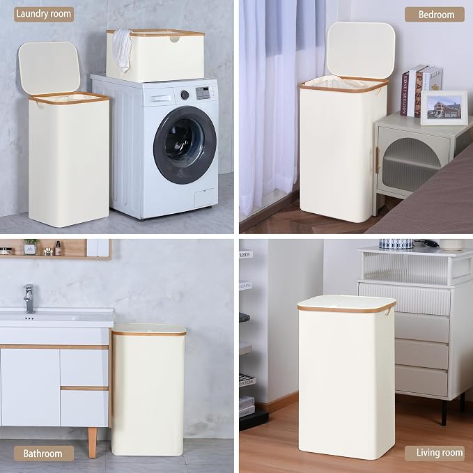 iEGrow Laundry Basket with Lid, 110L Large Laundry Hamper with Handle and Lid, Collapsible Clothes Basket Organizer with Removable Inner Bag for Clothes Toys Towels - Beige - Image 7