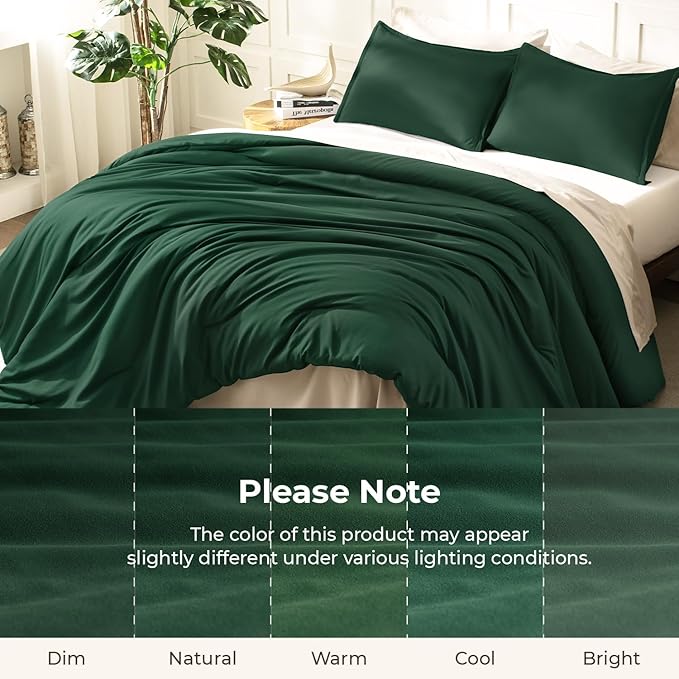 Litanika Dark Emerald Green Full Comforter Set, 3 Pieces Solid Forest Bedding Set, All Season Fluffy Bed Set (79x90In Comforter & 2 Pillowcases)